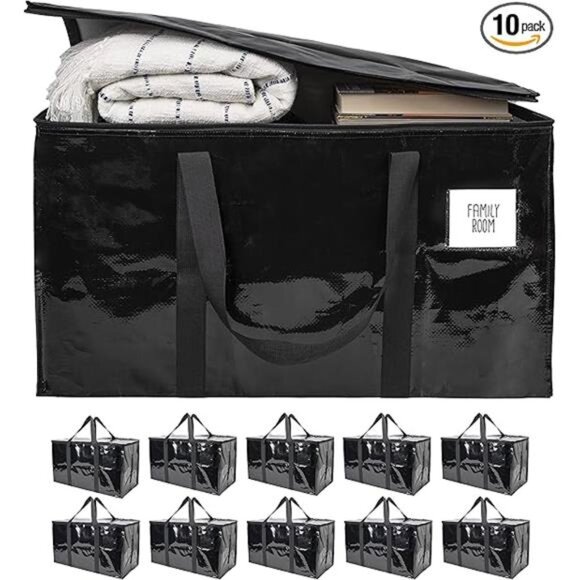10 Black Moving Bags Extra Large Heavy Duty Storage Bags Zippered Top Handles - Picture 7 of 7